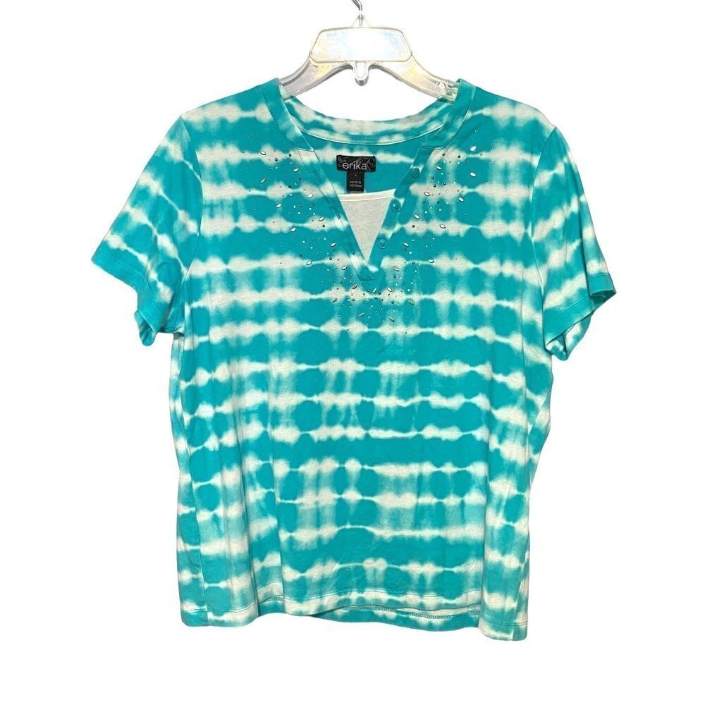 Erika Teal & White Tie Dye Beaded Detail Layered Look Top Women's Size‎ Large